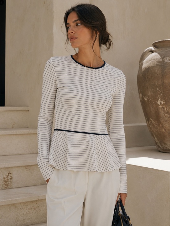 The Row Tops - The Row Striped Peplum Top Ivory Navy Minimalist Luxury Long Sleeve XS Fitted